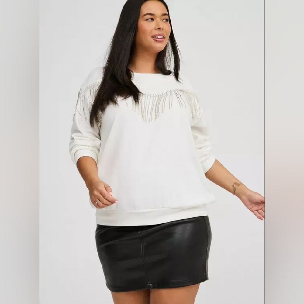NEW | Torrid | Drop Shoulder Rhinestone Fringe Sweatshirt | White | Plus Size 0X